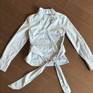 Vintage mexx ruffled collar tie back stone blue blouse uk8 XS S